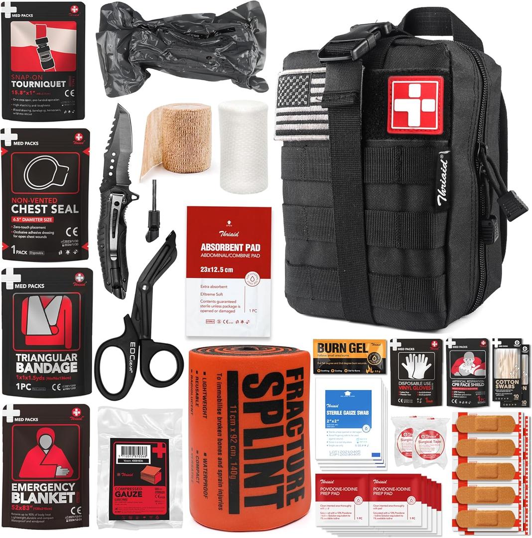 Survival First Aid Kit with Israeli Bandage, Splint, Chest Seal, Tactical Military Combat Molle IFAK for Wound Care, Bleeding Control, Trauma Hemorrhage and More