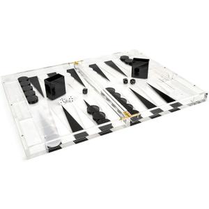 TIZO Elegant 18 Lucite Backgammon Set, Lucite Chips & Cups with Magnetic Closure, Elegant & Practical Boutique Quality Home Dcor, Clear, Black & White