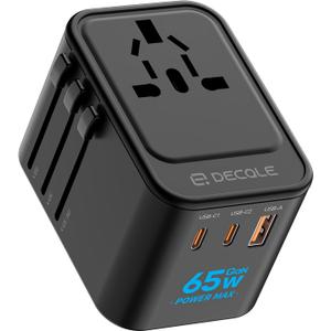 Universal Travel Adapter, International Travel Plug Adapter with 2 USB-C(GaN 65W) 1 USB-A Ports, All in One Portable Adaptor, for USA, UK, EU, AU 224+ Countries (Black) US