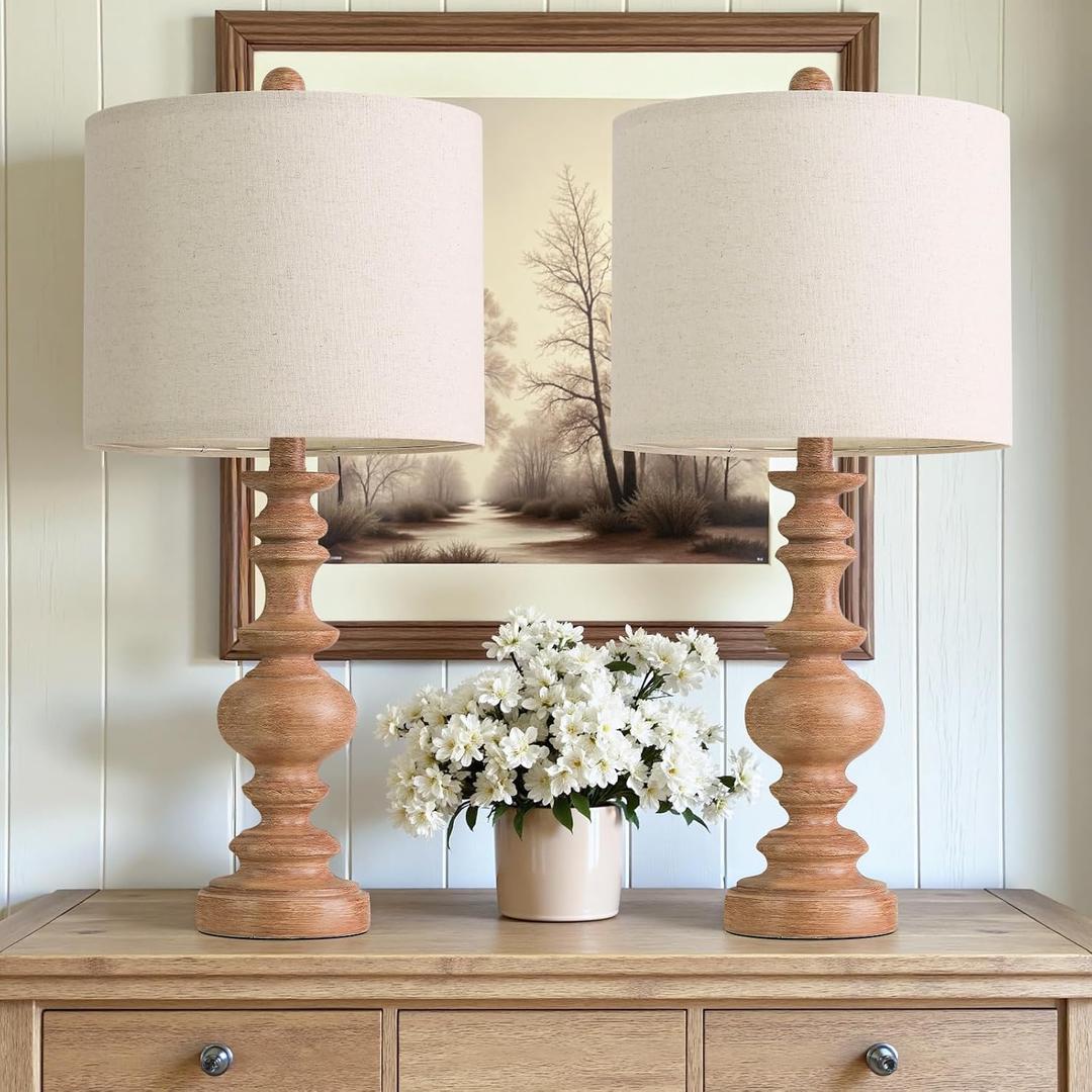 BOBOMOMO 24" Farmhouse Table Lamps Set of 2 Rustic Light Brown Resin Bedside Lamps with Linen Shades, Medium Size Nightstand Lamps for Bedroom, Living Room, and Entryway, Ideal for Warm, Cozy Spaces