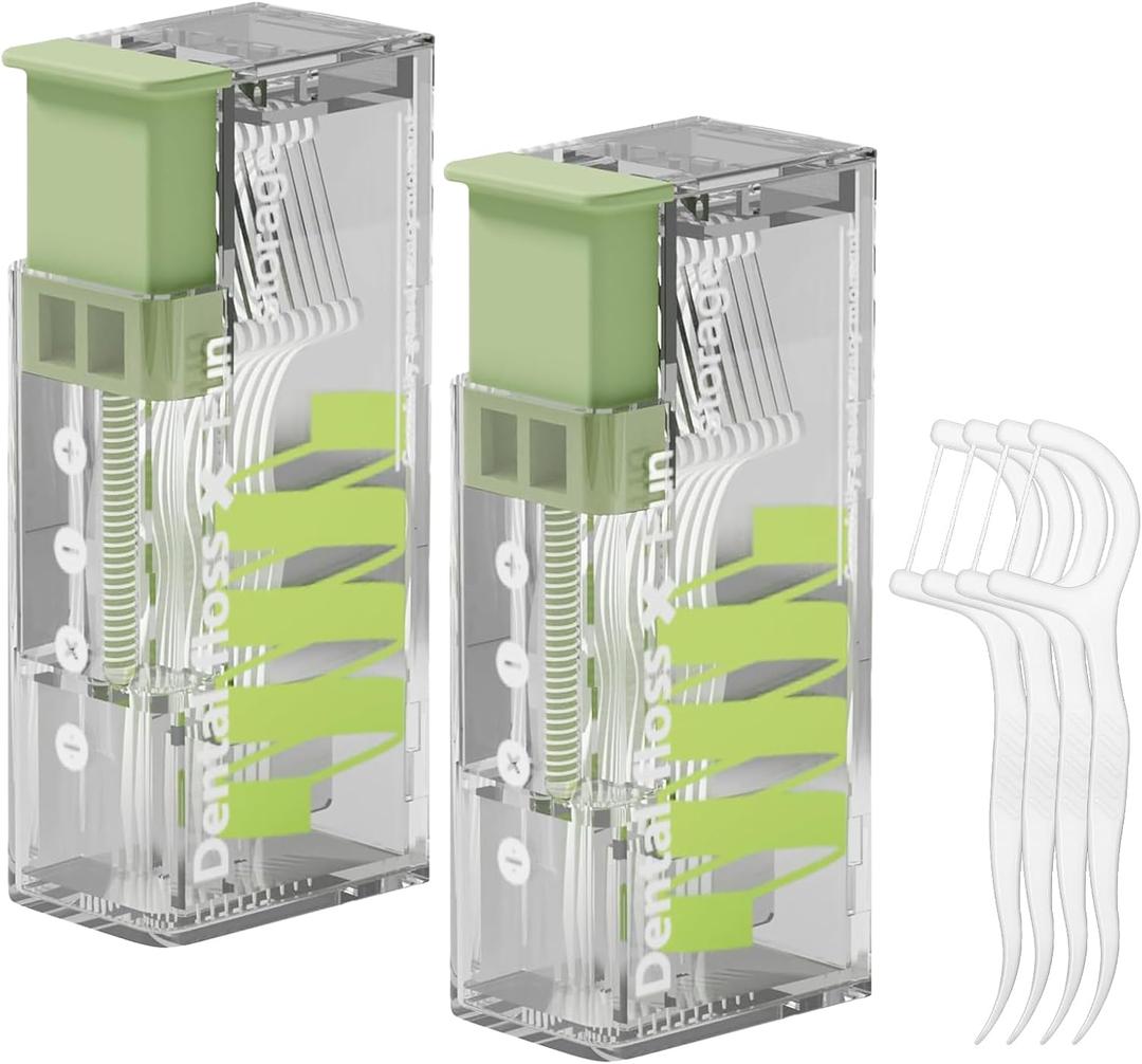 2PCS Floss Pick Dispenser, Portable Travel Floss Pocket Dispenser, Containing 10 Dental Flossers, Automatic Pop-Up Design, Suitable for Home and Travel Teeth Cleaning, Oral Care (Green)