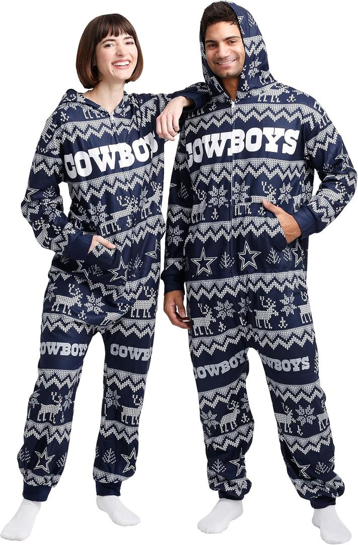 FOCO Unisex NFL Team Logo Pajamas One Piece Onesie (Large, Holiday Ugly Pattern)