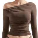 SUUKSESS Women Off Shoulder Long Sleeve Shirts Double Lined Fitted Crop Tops (Large, Brown)