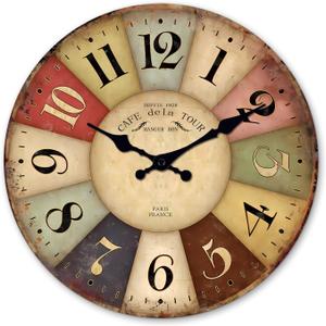 Farmhouse Wooden Wall Clocks Battery Operated 10 Inch Rustic Decorative Wall Clock for Living Room Kitchen Bedroom Small Colorful Silent Wall Clock Non Ticking (No Solid Wood,It is with MDF Material)