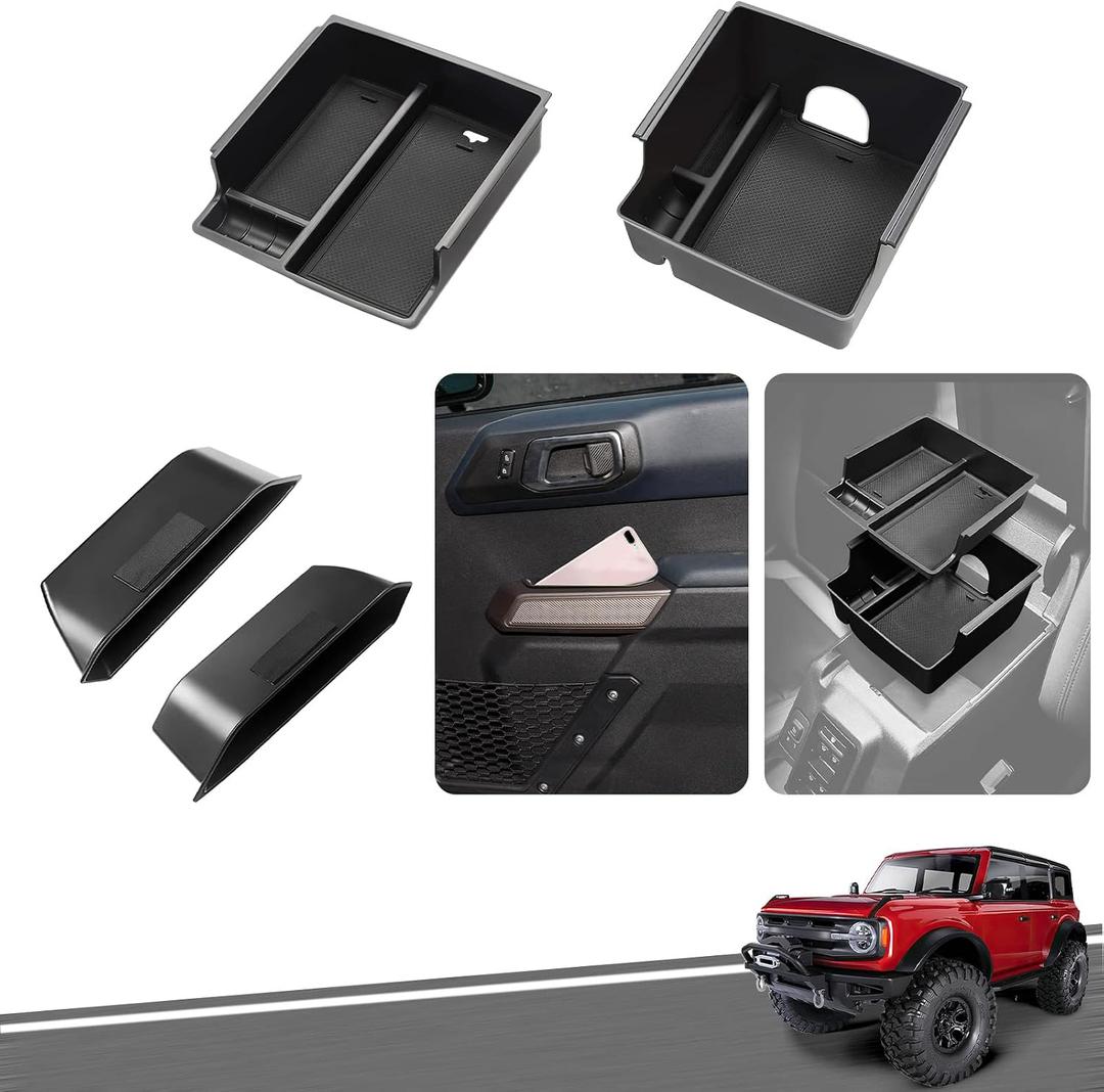 WDG for Ford Bronco Accessories 2021-2025, Center Console Storage Organizer and Door Handle Storage Box, Insert Tray Armrest Storage Box for Bronco 2021-2023 2024 2025 2 Doors and 4 Door(4PCS)