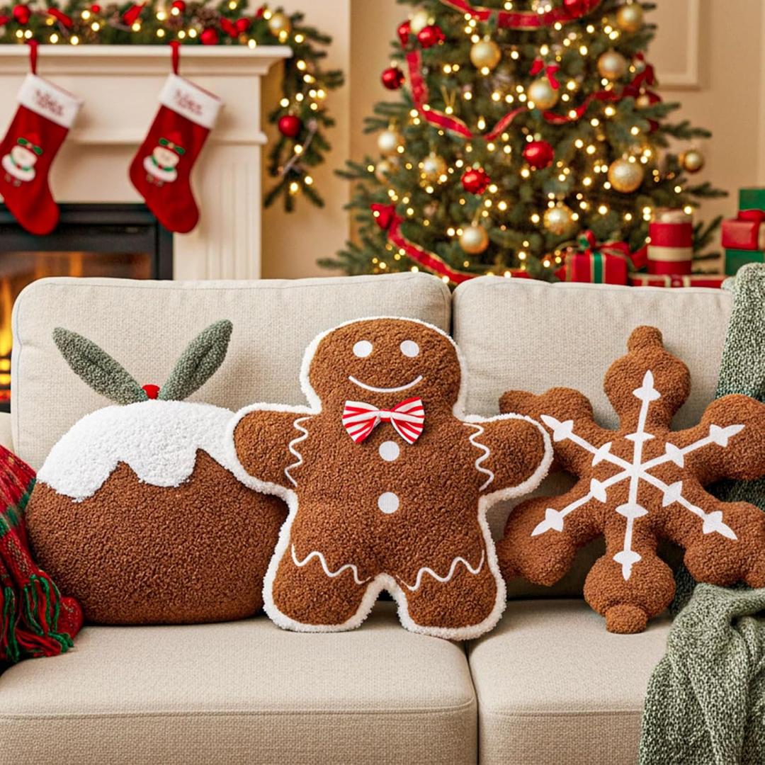 Chunful 3 Pcs Christmas Gingerbread Pillows Gingerbread Men Snowflake Pudding Shaped Plush Throw Pillows Cute Christmas Decoration for Xmas Winter Holiday Party Sofa Bed Couch Cushion Home Decor Gift