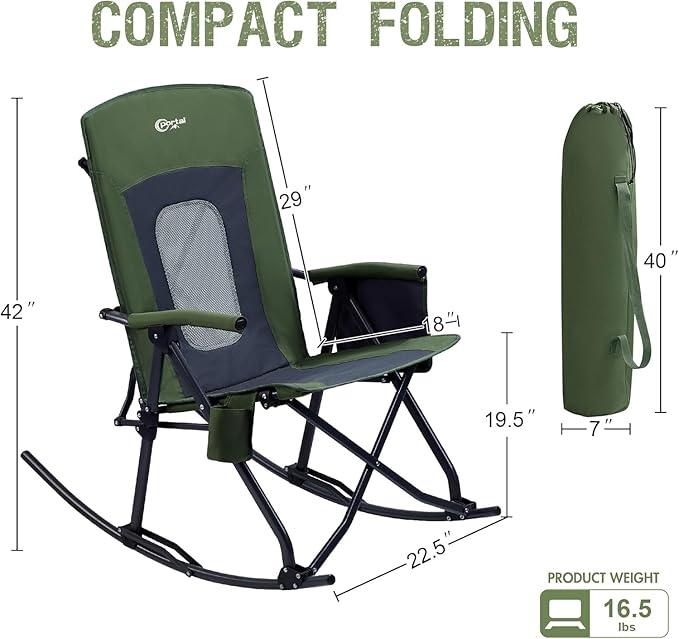 1pc Portal Oversized Folding Rocking Camping Chair Portable Outdoor Rocker with High Back Hard Armrests Carry Bag, Supports 400 lbs Mesh Green