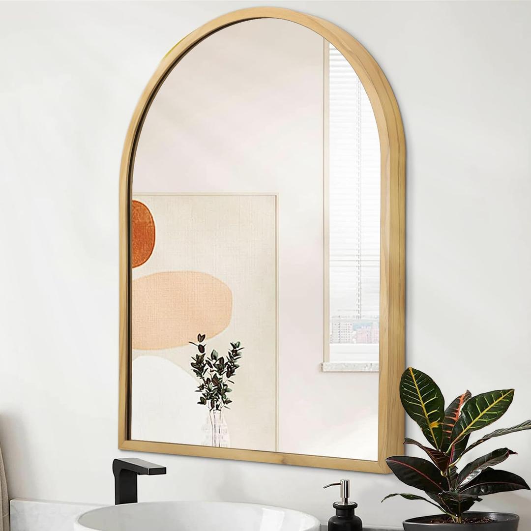 Arch Wall Mirror for Bathroom,Mirrors for Wall, Small 16"x12",Vanity Mirror for Bedroom Dresser, Entryway, Living Room, Aluminum Alloy Metal Frame (Wood Grain)