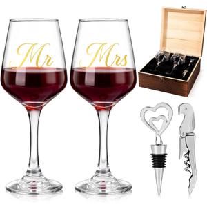 Mr and Mrs Wine Glasses, Wedding Gifts for Couples, Engagement Gift for Newlyweds, Bridal Shower Gift, Anniversary Wine Glass Wine Opener Stopper with Engraved Wooden Keepsake Box for Bride and Groom, Mr and Mrs Wine Wine Glasses Set incomplete set