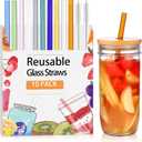 [10 Pcs] Reusable Glass Straws Shatter Resistant - 9" x 10 mm Multicolor Drinking Reusable Straws With 2 Cleaning Brushes for Coffee,Milkshakes,Juice Drinks
