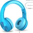 LilGadgets Connect+ Pro Wired Kids Headphones for School with Microphone, Volume Limiting Over-Ear Headset with Cord, SharePort Technology & SoftTouch Padding, Blue (Plain)