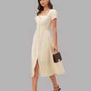 RIHOAS Elegant Casual Dresses for Women Short Sleeve Puff Square Neck Floral A-Line X Cross Midi Dress Beige, (XL)