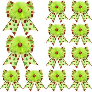 12 Pcs Red Green Christmas Bows Christmas Tree Decoration Lime Green Wreaths Velvet Bow Tree Topper with Fluffy Ornaments for Xmas Party (Fresh)
