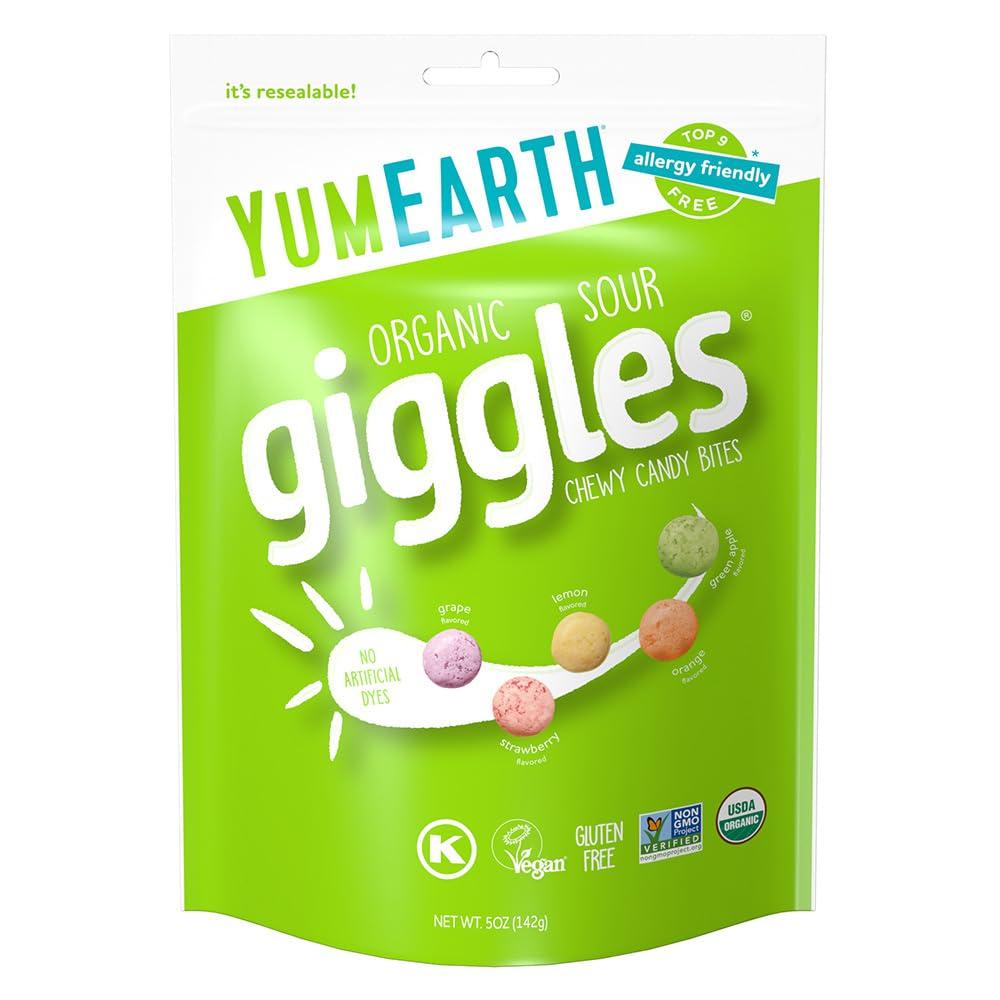 YumEarth Organic Sour Giggles Chewy Candy - Allergy Friendly (Top 9 Free), No Artificial Dyes, Non GMO, Gluten Free, Vegan Candy Snacks - 5 Ounce Bag (Pack of 1) BB: 04 SEP 2027