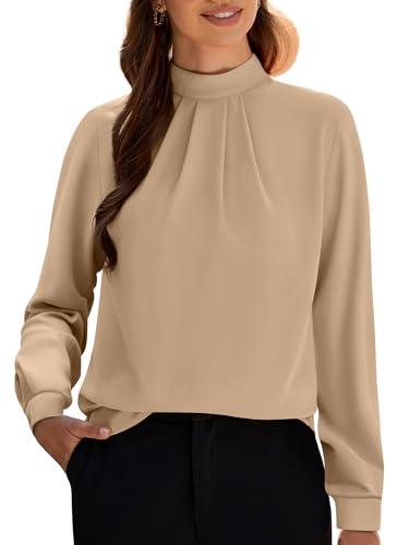Funlingo Long Sleeve Shirts for Women Dressy Casual Fall Tunic Work Tops Mock Neck Chiffon Blouses Lightweight Office Formal Clothing Khaki 3XL