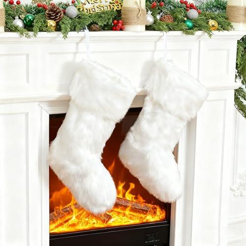 BEDBLK Cozy Christmas Stockings,2 Pack 20'' Large White Faux Fur Plush Xmas Stockings,Rustic Farmhouse Stockings Gifts Hanging Ornament for Family Holiday Christmas Decorations (White Faux Fur)
