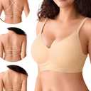 DEANGELMON Seamless Low Back Bra Wireless Backless Bra Womens Thin Straps Halter Bra Low Cut V Neck Multiway Convertible Bras (L)