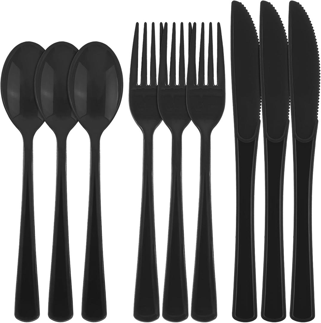 Kochorie 300 Pieces Graduation Black Plastic Silverware, Heavy Duty Disposable Utensils with Forks Spoons Knives, Premium Heavyweight Cutlery for Graduation Party, Birthday, Prom Night, Wedding Dinner