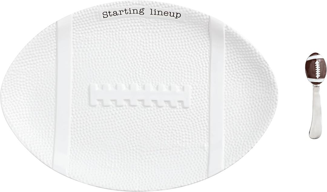 Mud Pie Football Platter with Spreader, White Ceramic Game Day Serving Tray, 8 3/4" x 15 3/4"