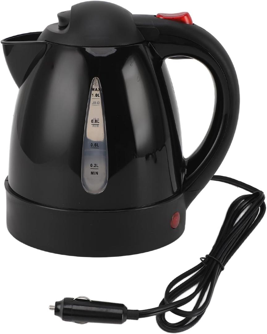 Electric Kettle, 150W 1L Black Road Hot Water Boiler Stainless Steel Liner Auto Shut Off Tea Kettle Car Cigarette Plug 12V, Fast Boiling for Sedans SUVs