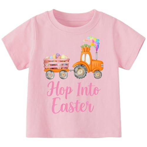 Girls Shirts Hop Into Easter Cotton Bunny Tractor T-Shirts Rabbit Eggs Carrots Casual Short Sleeve Tee (4T-5T, Pink)