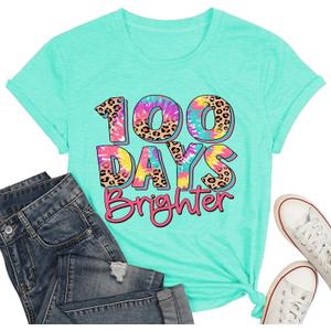 100 Day Brighter Shirt Women Teacher School T-Shirt 100 Days School Teacher Tee Tops (Blue, L)