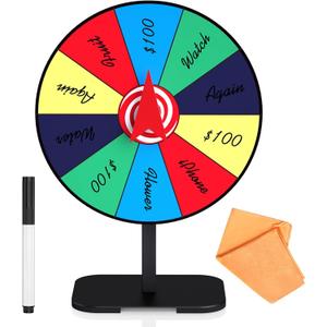 8 Inch Prize Wheel Spinner with Stand, Dry Erase Spinning Wheel for Prizes with Marker and Cloth Used for Wiping, Spin The Wheel Game for Home Parties, Trade Shows & Classroom Activities
