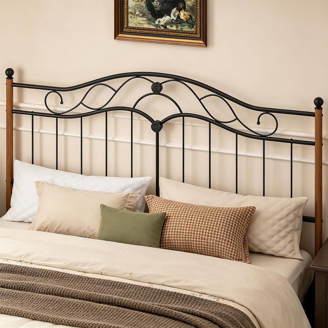 King Size Adjustable Metal Headboard Only, Black and Wood Grain