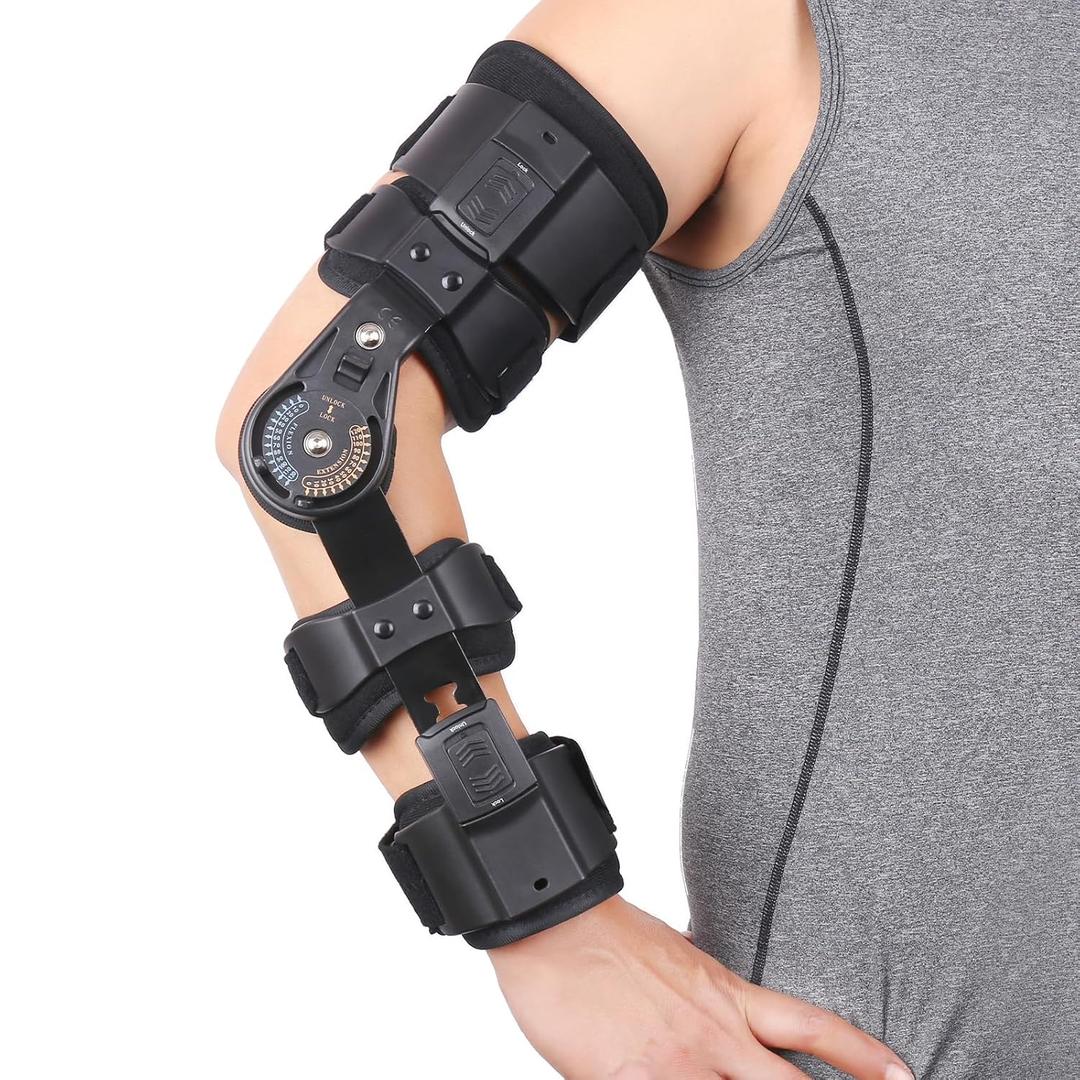 Hinged ROM Elbow Brace Adjustable Post OP Elbow Support - Arm Stabilizer Splint for Surgery, Dislocation, Ligament & Tendon Repair Recovery w/Sling Fits Men & Women (Left)