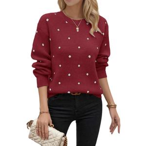 Sweaters for Women Polka Dot Sweater, Crewneck Long Sleeve Tops Fall Winter Casual Knitted Pullover (Medium, Red)