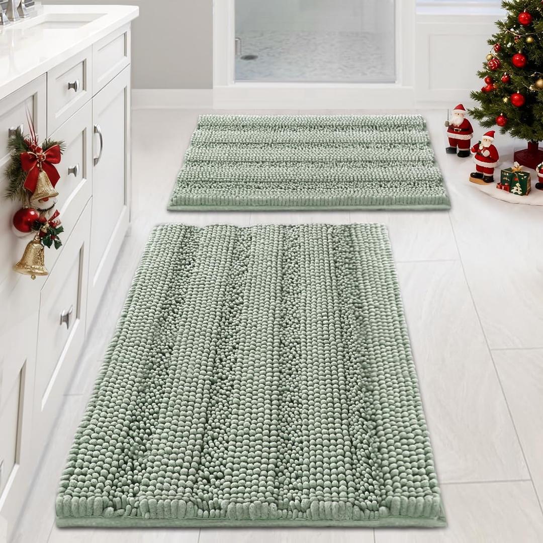 H.VERSAILTEX Sage Bathroom Rugs, Bath Mat Set of 2 Extra Thick Chenille Striped Pattern Shaggy Bath Rugs for Bath Room, Non Skid Bath Mats for Bathroom Floor (32 x 20 Plus 24 x 17 - Inches)