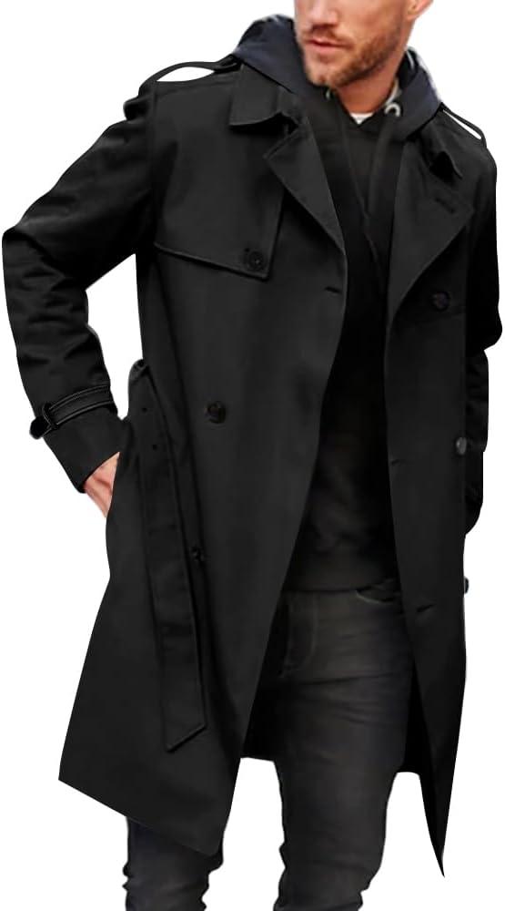 Pretifeel Mens Trench Coat Slim Fit Double Breasted Long Jacket Notched Lapel Belt Fall Windproof Coat (X-Large, Black)