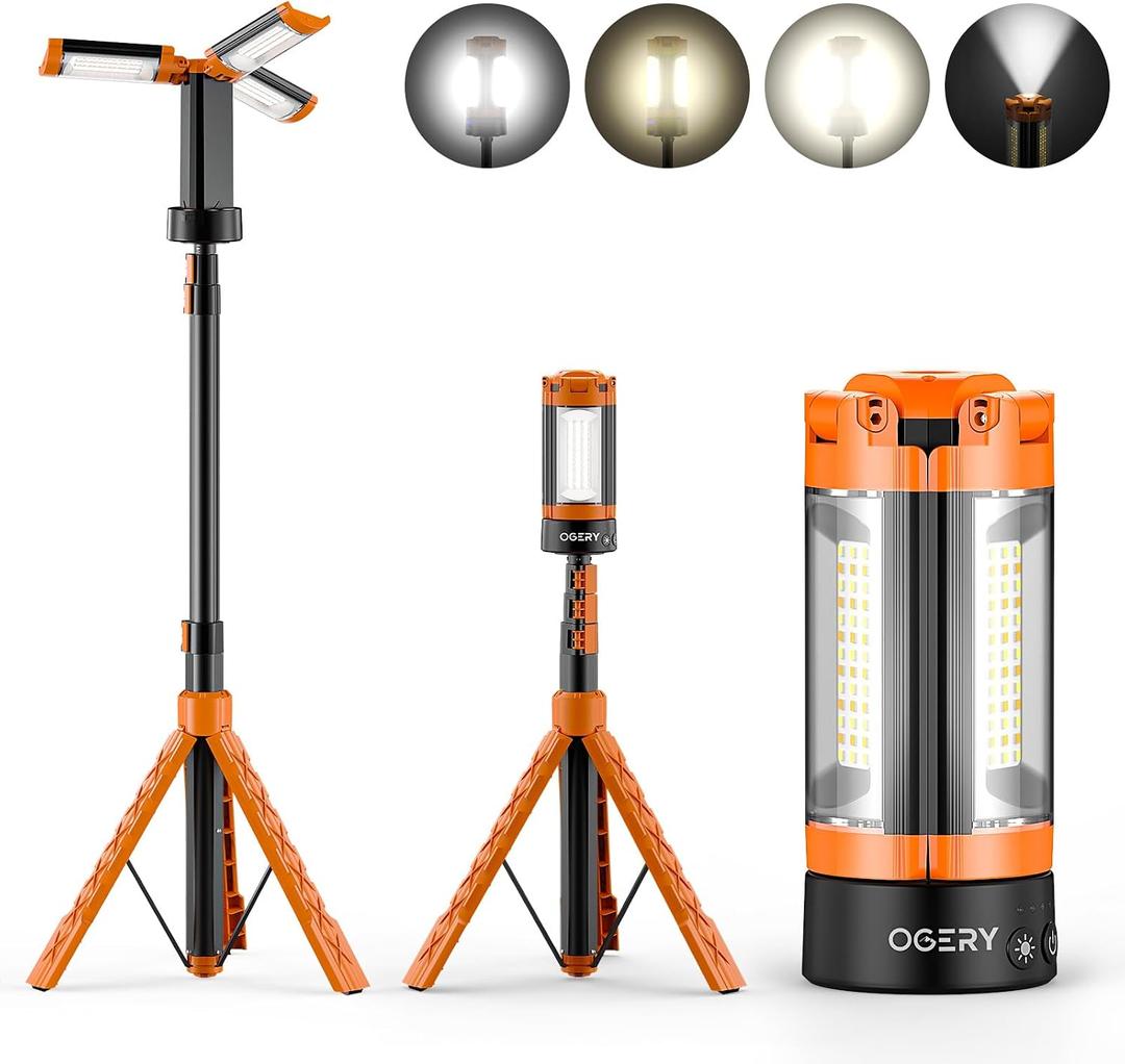 OGERY Rechargeable 10000mAh Camping Light with Stand 6.5 ft Max Height, Cordless Work Light with 3 LED Lamp Heads, 2200 Lumens Camping Essentials Gear Emergency Flashlight with Detachable Tripod