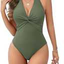 AI'MAGE Women's One Piece Swimsuits V Neck Tummy Control High Waisted Bathing Suit Halter Top Swimwear Army Green XXL