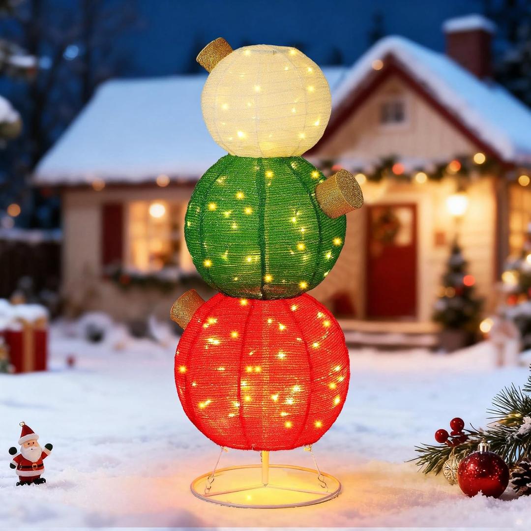 Pinkunn 3ft Pop-Up Lighted Outdoor Ball Ornaments Decoration, Giant Oversized Collapsible Balls 80 LED with Warm Light for Yard Lawn Xmas Indoor Outdoor Decor(White, Red, Green)