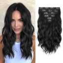 KooKaStyle 14 Inch Clip in Hair Extensions, 6 Pieces Short Hair Extensions,Wavy Synthetic Hairpieces Invisible Lace Weft, Natural Looking Lightweight Thick Hair Pieces for Women Daily Wear, Black