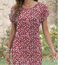 Women's Summer Casual Short Sleeve Floral Tshirt Sundresses Beach Cover Ups Vacation, Red White Flower, L