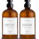 Vine Creations Amber Glass Soap Dispenser, 2 Pack Kitchen Soap Dispenser Set with Stainless Steel Pump, 16 oz Dish Soap and Hand Soap Dispensers for Bathroom with Waterproof Labels (Amber Bottle / Matte Black Pump)