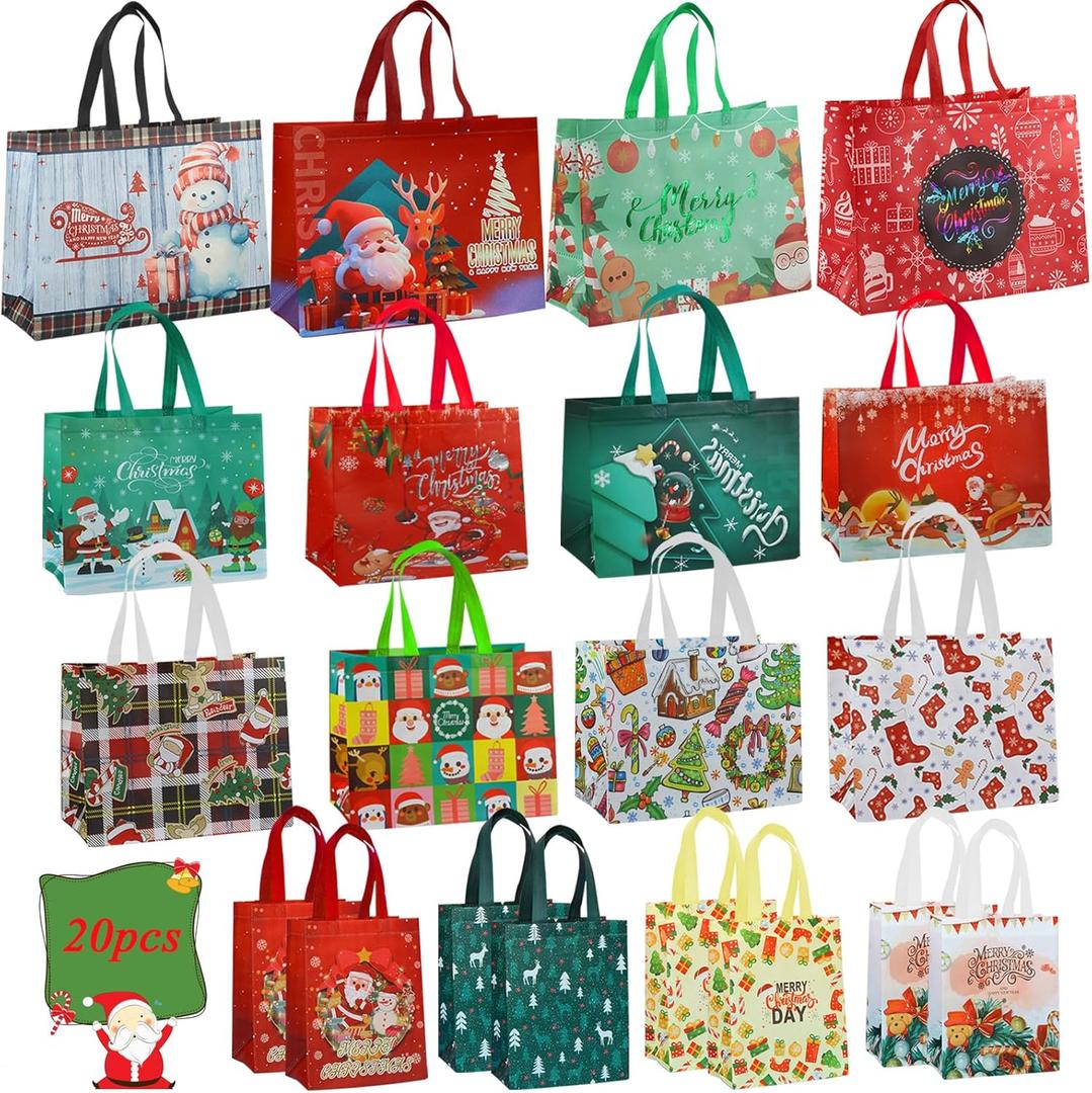euoloar 20 Pack Christmas Treat Gift Bags, Reusable Tote with Handle, Assorted Sizes Non-Woven for Gift Wrapping, Shopping, Xmas Party Supplies
