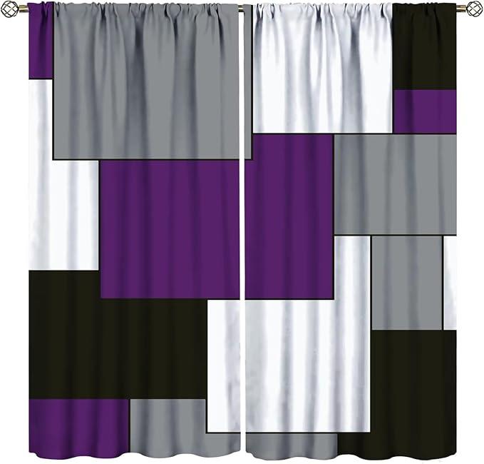 Modern Curtains Purple and Gray Black Blackout Rod Pocket Curtains for Bedroom Living Room Kitchen Decor Thermal Insulated Window Drapes 2 Panel Set  52"x 45" 2 Panel