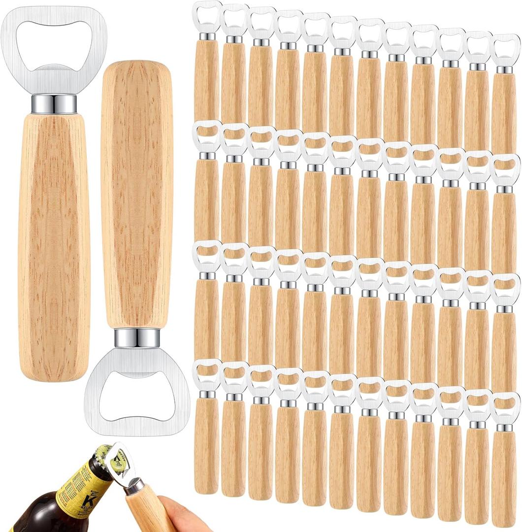 50 Pcs Wood Wine Bottle Opener Stainless Steel Bottle Opener Wood Handheld Heavy Duty Bartender Cider Engraved Gift Set for Kitchen Wedding Party Bar Home Restaurant