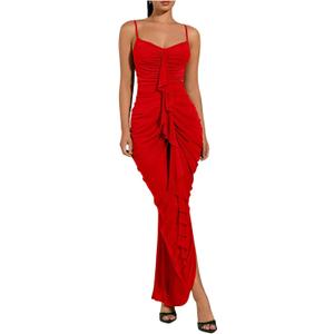 Floerns Women's Ruffle Ruched Cami Dress Draped Split Elegant Bodycon Maxi Dresses Red Small