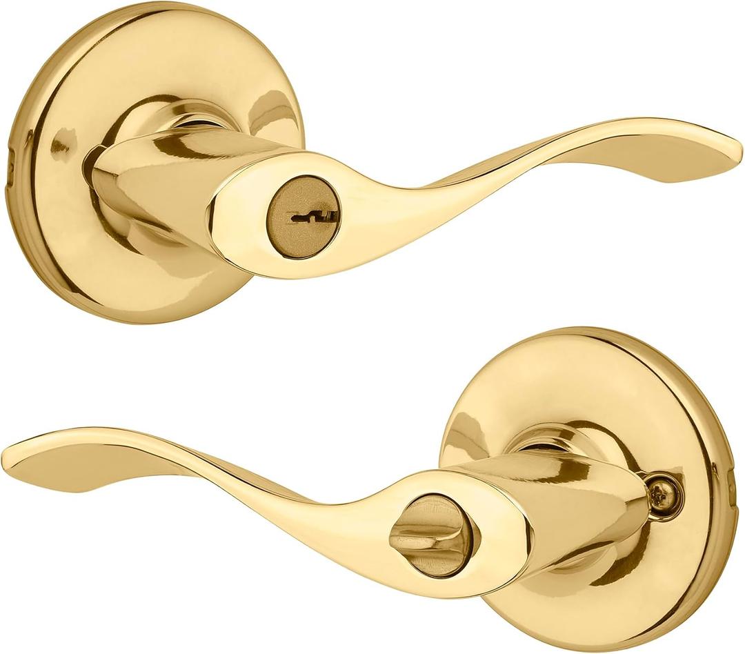 Kwikset Balboa Entry Door Handle with Lock and Key, Secure Keyed Reversible Lever Exterior, for Front Entrance and Bedrooms, Polished Brass, Pick Resistant Smartkey Rekey Security