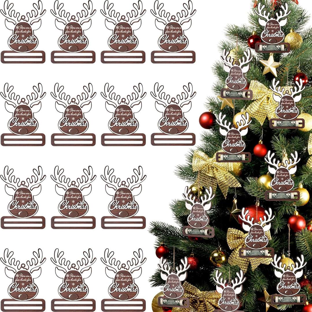 Jenaai 24 Pcs Christmas Money Holder for Cash Gift Reindeer Money Holder Ornament Bulk Wooden Christmas Tree Gift Cash Hanging Ornament Here are a Few Bucks for Xmas Party Stocking Stuffers Gifts