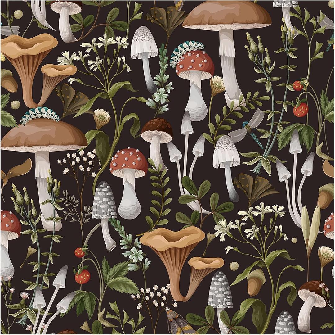 HAOKHOME Peel and Stick Wallpaper Boho Mushroom Removable Stick on Forest Contact Paper for Bathroom Black/Brown/Green 17.3in x 32.8ft