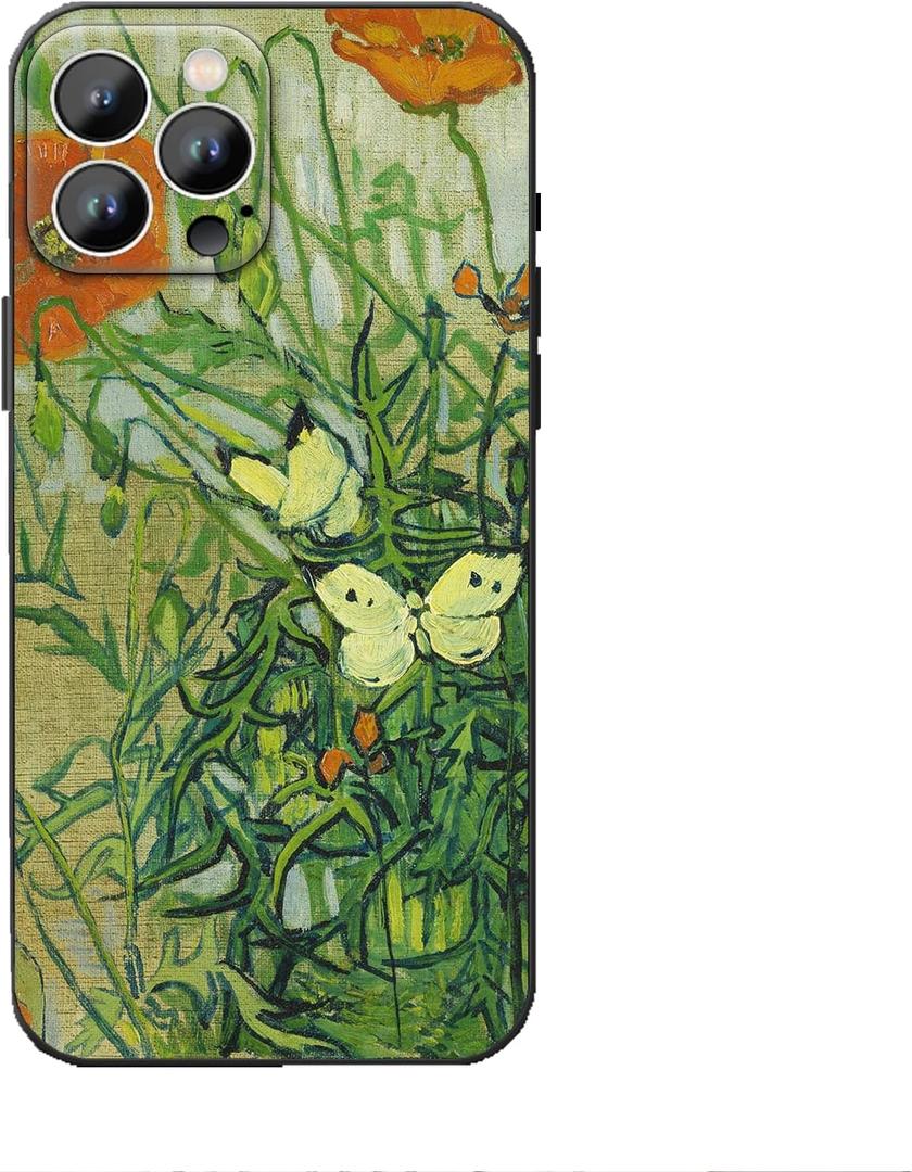 for iPhone 16 Pro Case for Women, Aesthetic Van Gogh Butterflies and Poppies Case, Soft TPU Flower Shockproof Protective Cover