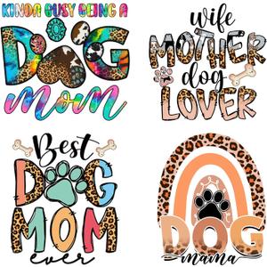 4pcs Dog Mom Mama Iron on Transfers Heat Transfer Decals Iron on Transfers for T Shirts Patches Sticker for Clothes Pillow Covers DIY Appliques