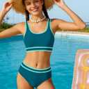 Girls Swimsuit Double Strap High Waist Sporty Bikini Swimsuits Swim Cover Up Skirt 3 Piece Set (Green, 17-18Y)