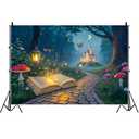 7x5ft Enchanted Fairy Castle Backdrop Spring Enchanted Forest Photography Background Fairy Tale Book Castle Mushroom Butterfly Forest Path Background