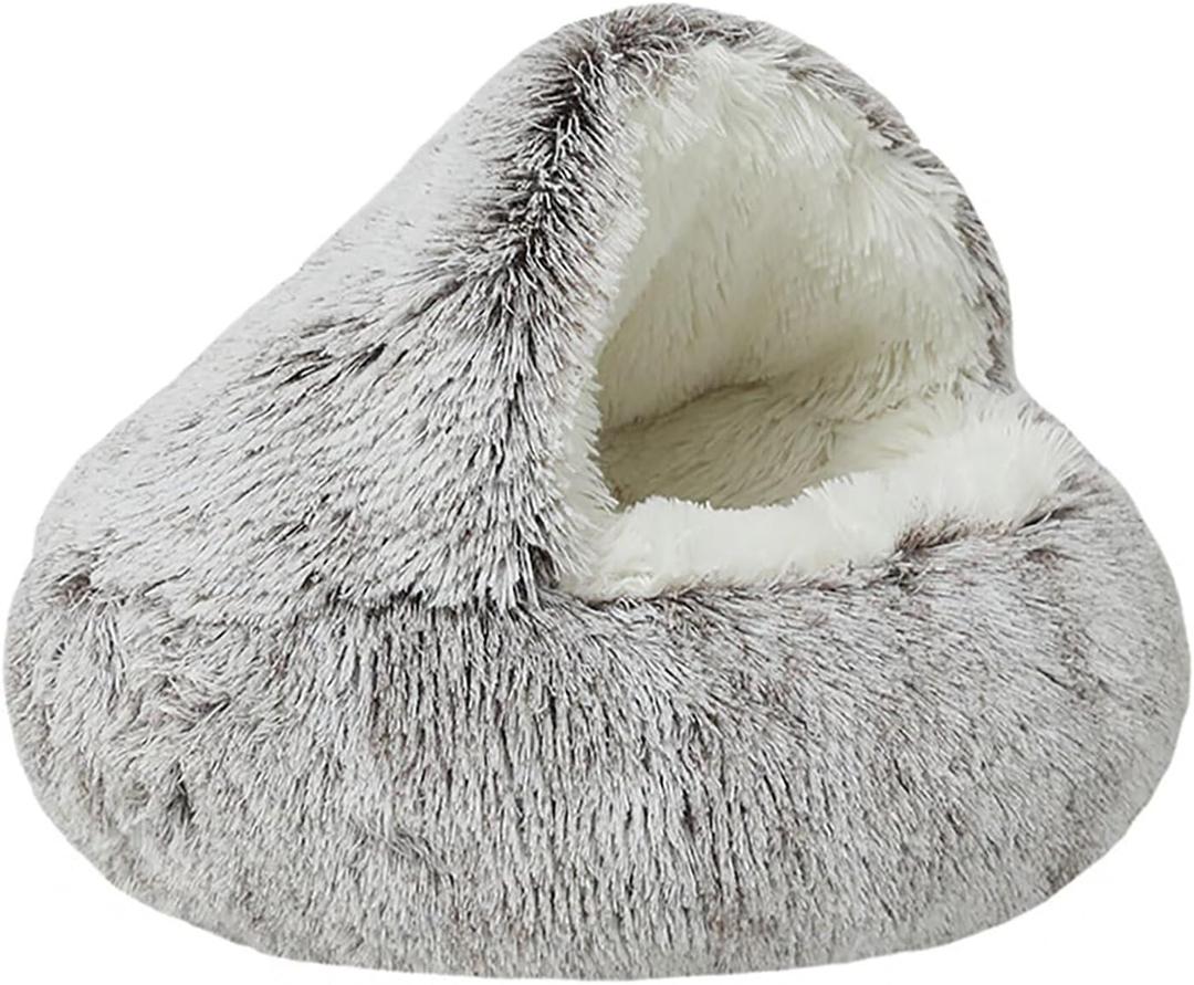 Dog Cave Bed for Small Dogs Cats Pets, Anti Anxiety Calming Plush Dog Beds, Fluffy Covered Hooded Cozy Burrow Puppy Beds, Anti-Slip Bottom Washable Pet Sleeping Bag (20" D, Coffee)